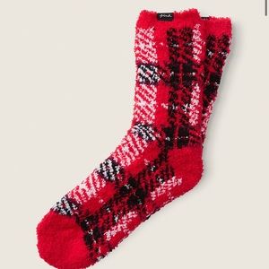 VS Pink Plaid Fuzzy Mid Calf Socks NWT